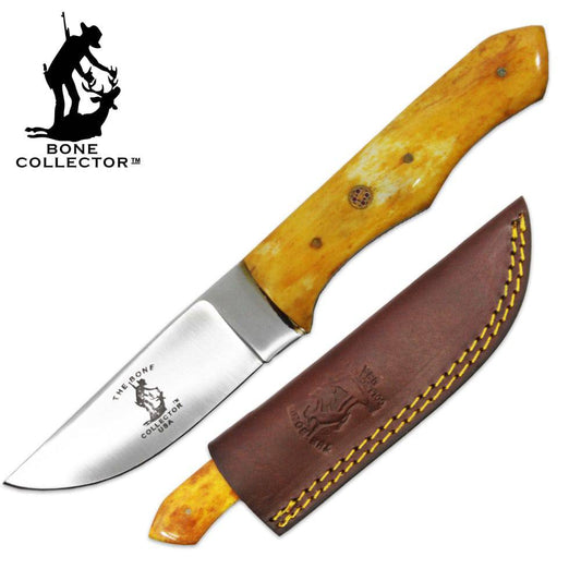Bone Collector 8-inch hunting knife with yellow bovine bone handle and leather sheath, ideal for outdoor hunting activities.