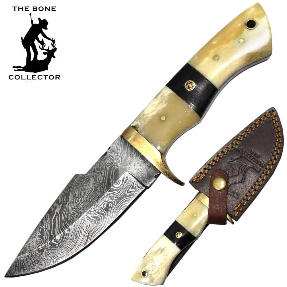 Bone Collector 9-inch Damascus blade hunting knife with bovine bone horn handle and leather sheath