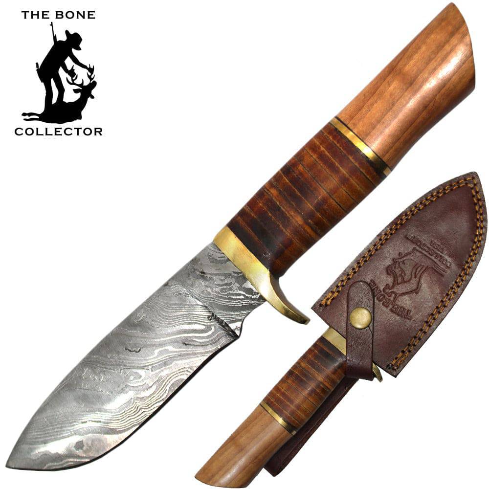 Bone Collector 10-inch Damascus hunting knife with leather and wood handle, includes leather sheath for outdoor survival and hunting.