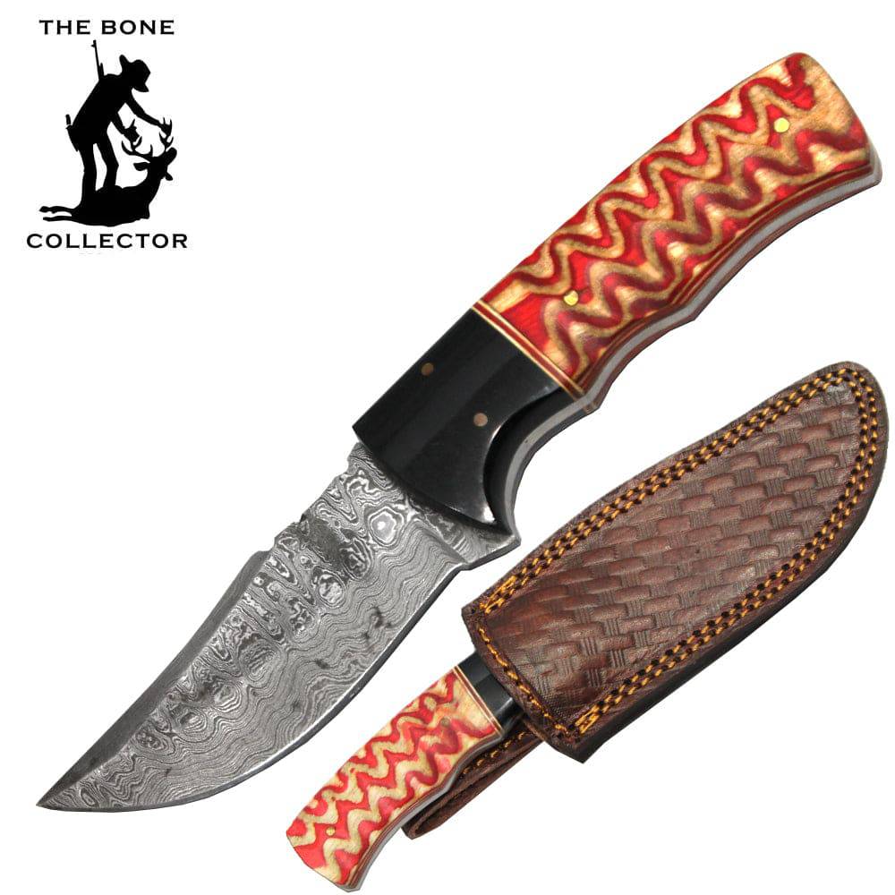 BC HKDB-52 8" Bone Collector Pakkawood Wood Handle Damascus Blade Hunting Knife with Leather Sheath