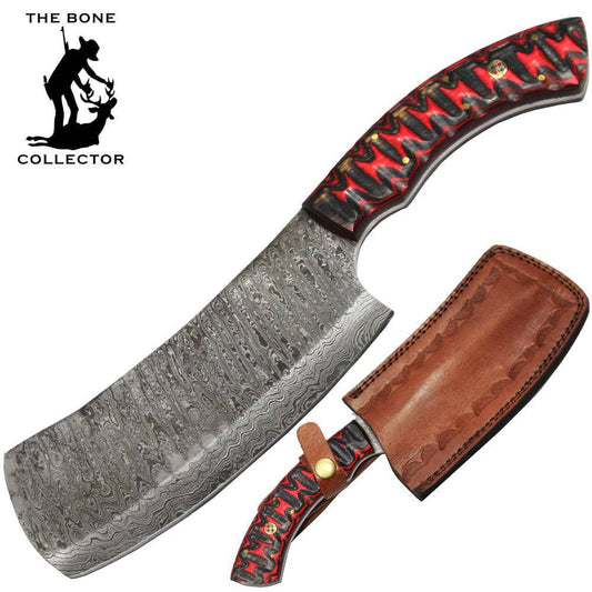 BC HKDB-53 12" Bone Collector Pakkawood Wood Handle Damascus Blade Meat Cleaver with Leather Sheath