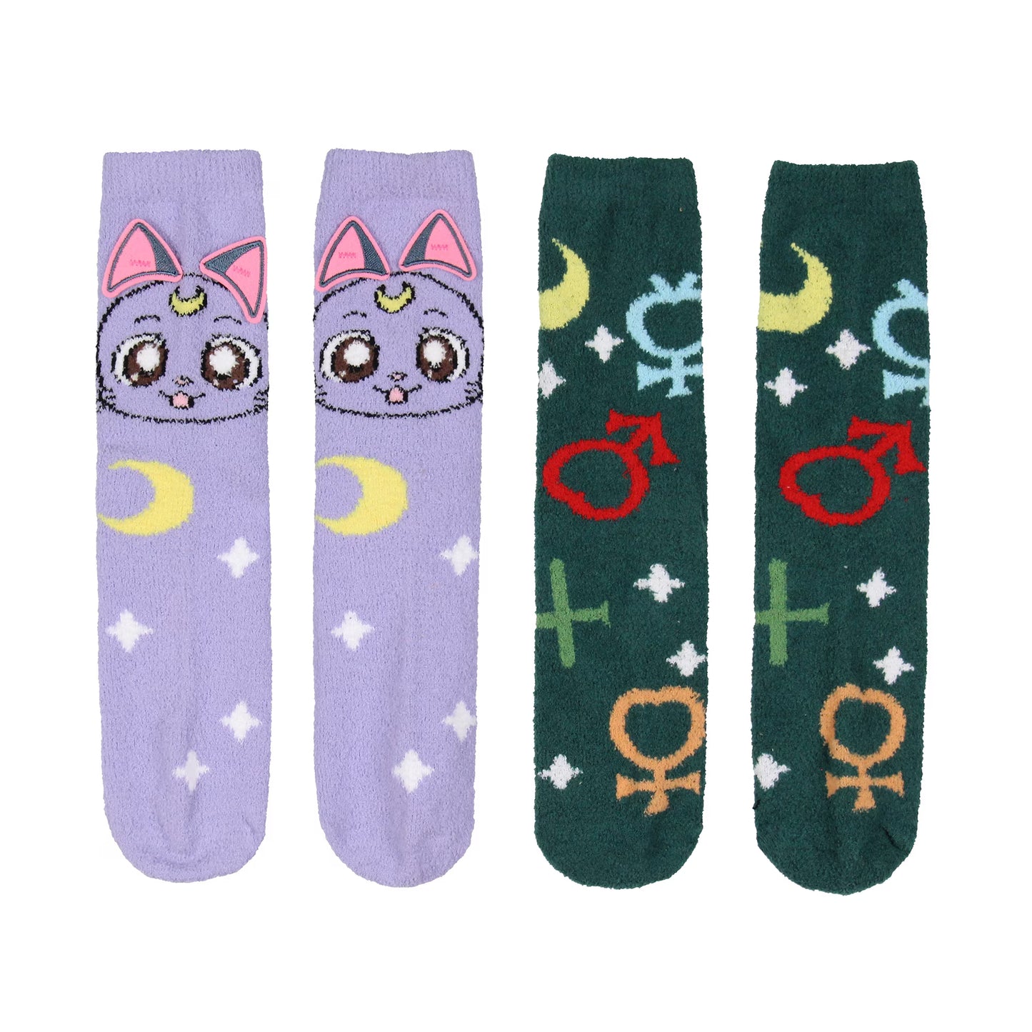 Sailor Moon Socks Women's Artemis And Luna 3D Ears Fuzzy Mid-Calf Adult Anime 2-Pack Crew Socks