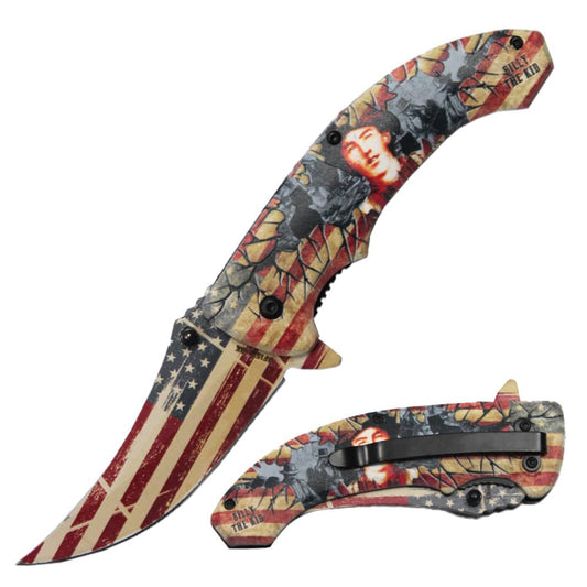 Rex Distributor Patriotic Billy The Kid 4.75-inch spring-assisted tactical folding knife with black handle and trailing point blade.