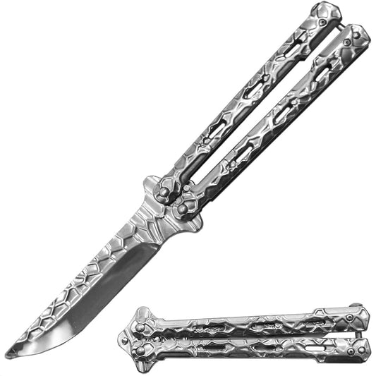 BF 1698-SL 5" Silver Textured Metal Handle Dull Blade Butterfly Trainer
