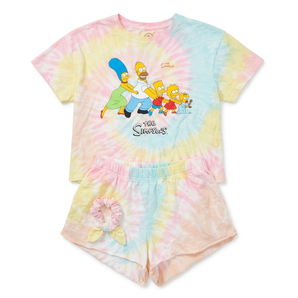 Women's The Simpsons Women's Tie-Dye T-Shirt and Shorts Pajama Set with Scrunchie