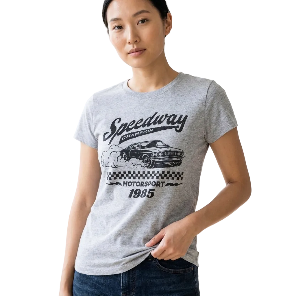 A woman wearing a heather gray graphic t-shirt with a black 'Speedway Champion Motorsport 1965' car design, standing in a bright, minimalist room.