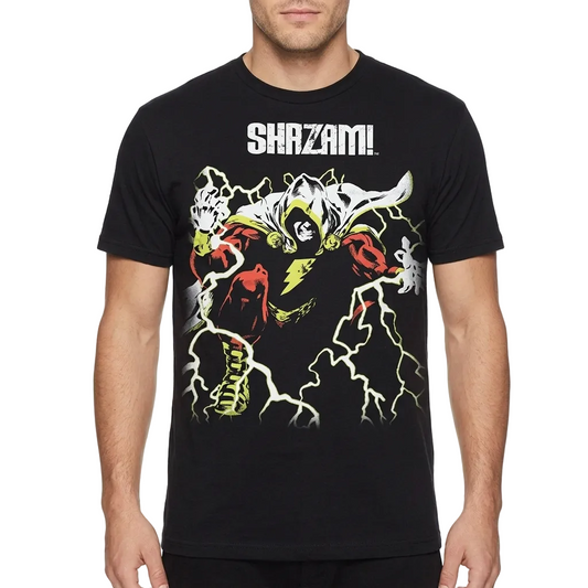 A man wearing a black short-sleeve t-shirt with a graphic of Shazam! and the word 'SHAZAM!' printed on the chest, set against a plain white background.