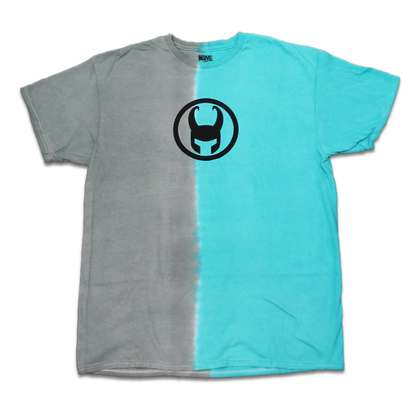 Men's Marvel Loki symbol split dye graphic T-shirt featuring Loki's emblem, made by Rex Distributor, Inc.