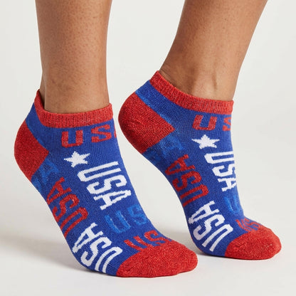 Bioworld American flag USA Americana shimmer thread no-show ankle socks with patriotic flag design and subtle shimmer detail