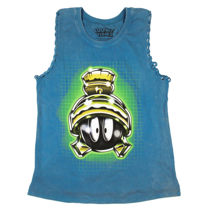 Women Junior's Looney Tunes Marvin The Martian Lace-Up Design Distressed Tank Top