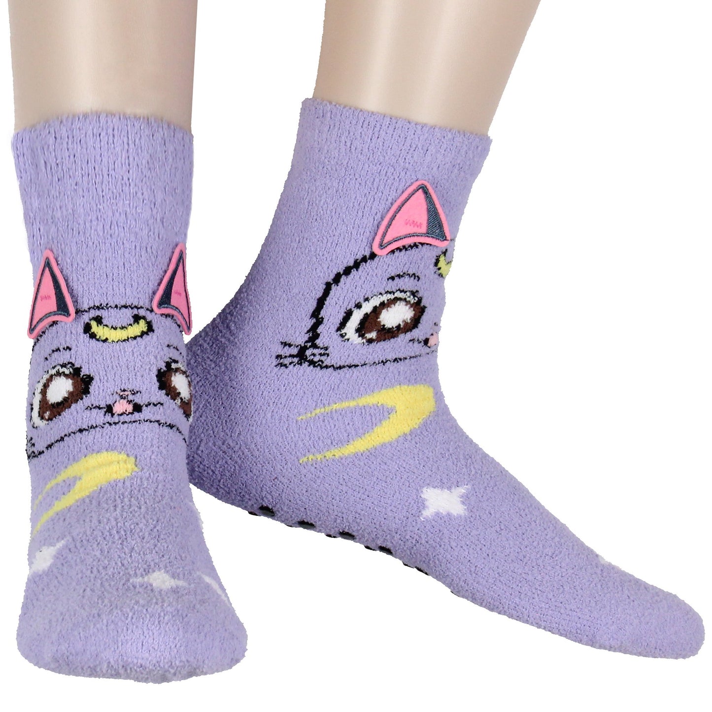 Sailor Moon Socks Women's Artemis And Luna 3D Ears Fuzzy Mid-Calf Adult Anime 2-Pack Crew Socks
