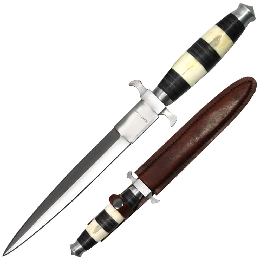 Deer Creek 13-inch white bovine bone and black wood handle commando hunting knife with leather sheath, detailed close-up shot.
