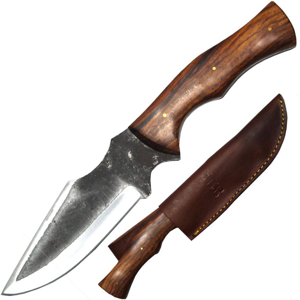 DC 800-RW Deer Creek hunting knife with a hand-forged blade and rosewood handle, accompanied by a leather sheath.