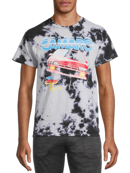 Men's Tie Dye Gm Chevrolet Camaro Z28 graphic T-shirt by Mad Engine, featuring Camaro Z28 design on a colorful tie dye shirt.