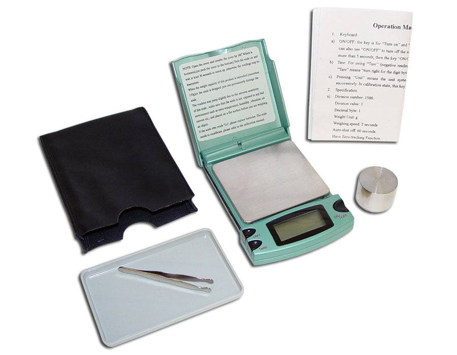 Mini pocket digital scale by Rex Distributor, Inc. with 150g capacity, weight measurement, and included tweezers for precise weighing.