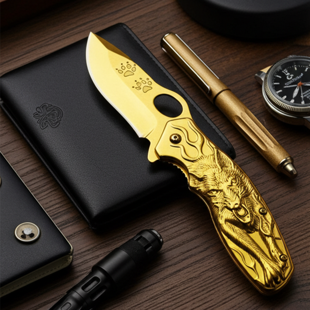 Duck USA DK 5583-GD heavy-duty gold wolf metal handle folding knife with belt clip, showcasing its sturdy design and compact size.
