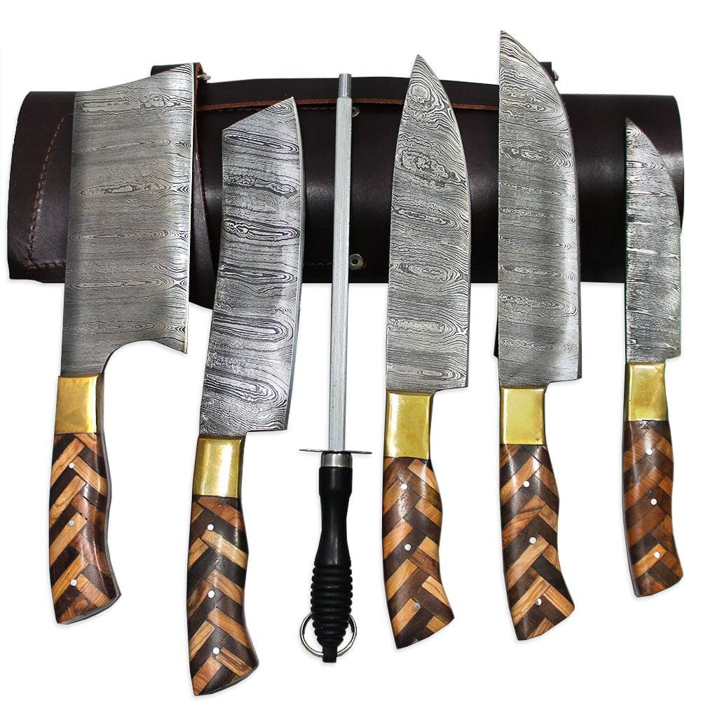 Damascus kitchen knife set with sharpening rod and leather case from Rex Distributor, Inc. includes five high-quality knives.