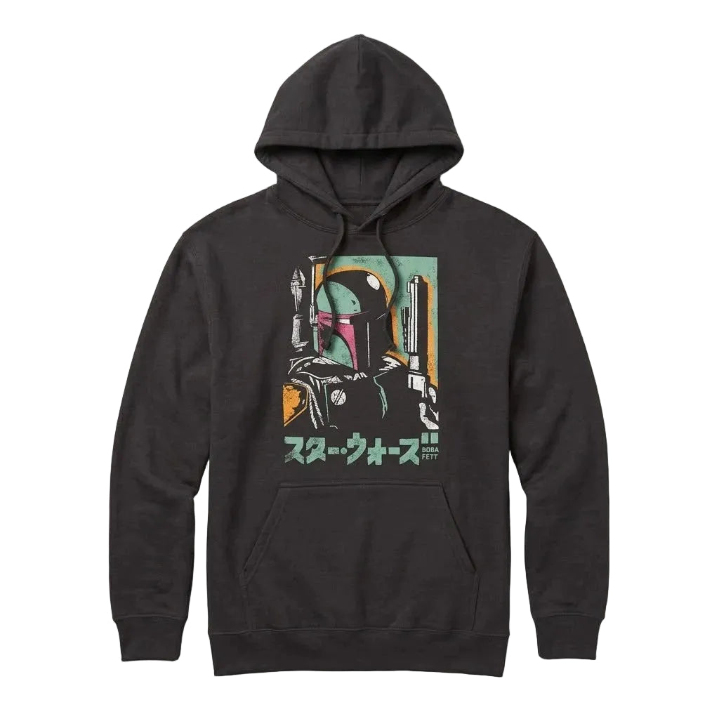 A black pullover hoodie featuring a retro-style graphic print of Boba Fett with Japanese text on the front, displayed against a light gray background.