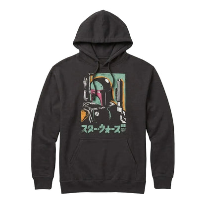 A black pullover hoodie featuring a retro-style graphic print of Boba Fett with Japanese text on the front, displayed against a light gray background.