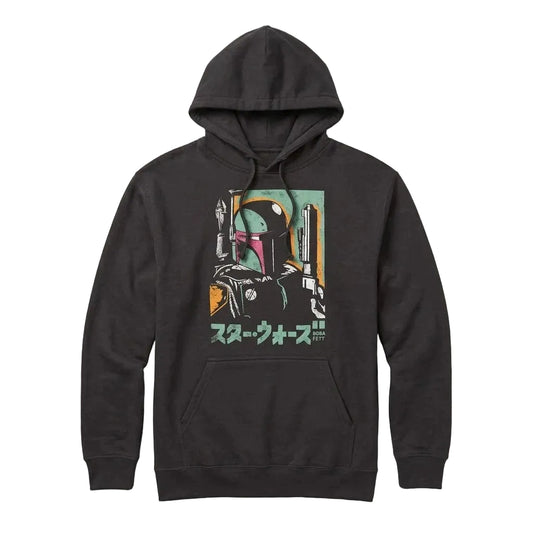 A black pullover hoodie featuring a retro-style graphic print of Boba Fett with Japanese text on the front, displayed against a light gray background.