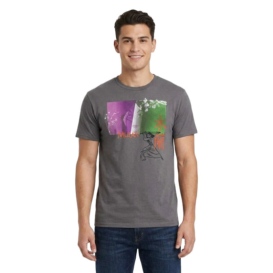Man wearing a gray t-shirt with a colorful graphic design on a white background