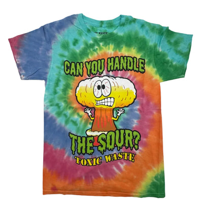 Tie-dye t-shirt with cartoon character and text on a white background