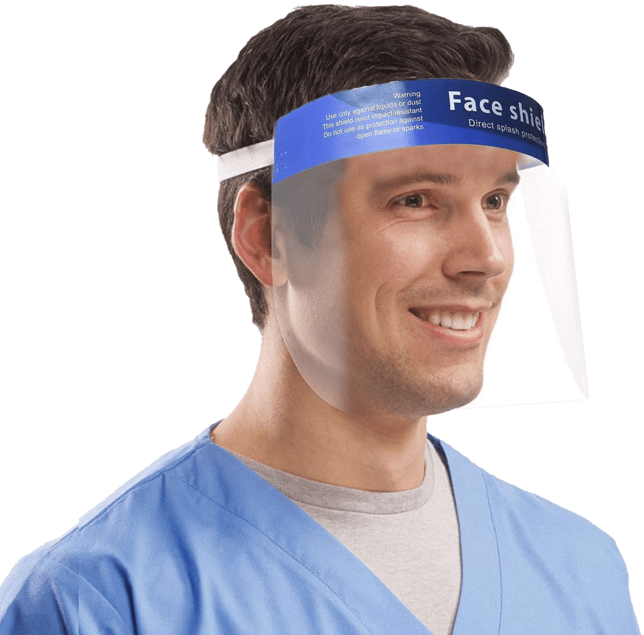 Clear full face shield by Rex Distributor Inc. with adjustable band and comfort sponge for anti-splash and saliva protection.