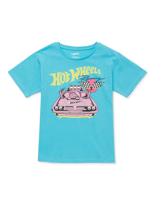 Girls Hot Wheels Racing graphic T-shirt by Mad Engine, short sleeve crew neck shirt with colorful racing car design.