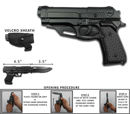 Black Pakkawood pistol handle folding knife with assist-open mechanism and sheath, ideal for tactical and self-defense use.