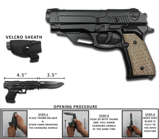 Rex Distributor GN 1103-C tactical folding knife with pakkawood tan pistol handle, spring-assisted open and sheath.