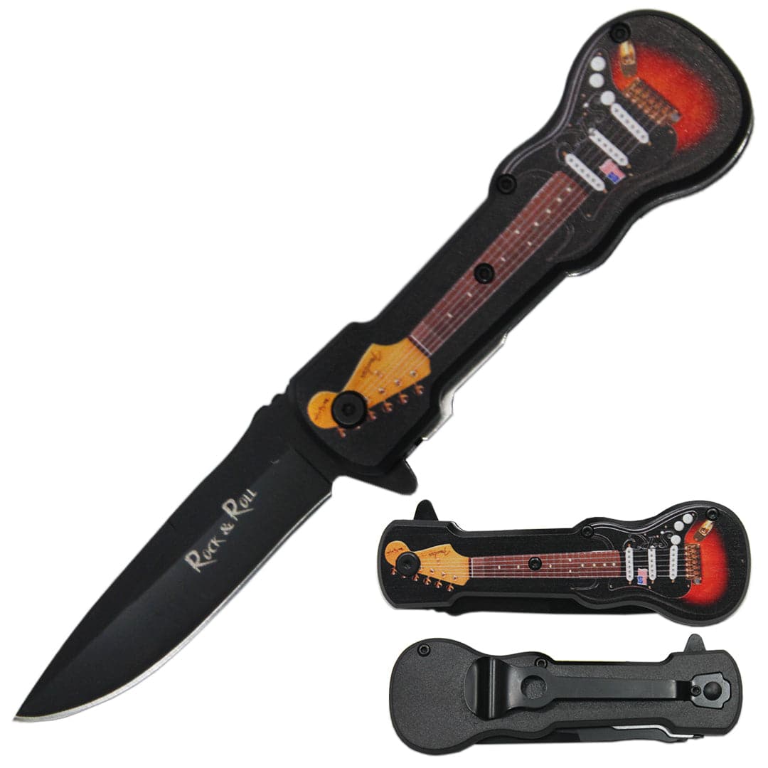 GT 6421-A 4.75" Guitar Metal Handle Assist-Open Knife with Belt Clip - Rex Distributor, Inc. Wholesale Licensed Products and T-shirts, Sporting goods,