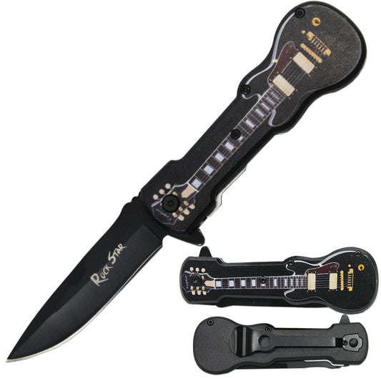 GT 6421-E 4.75" Guitar Metal Handle Assist-Open Knife with Belt Clip - Rex Distributor, Inc. Wholesale Licensed Products and T-shirts, Sporting goods,