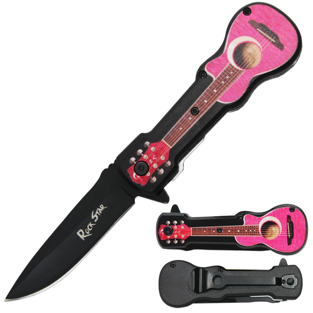 GT 6421-F 4.75" Guitar Metal Handle Assist-Open Knife with Belt Clip - Rex Distributor, Inc. Wholesale Licensed Products and T-shirts, Sporting goods,