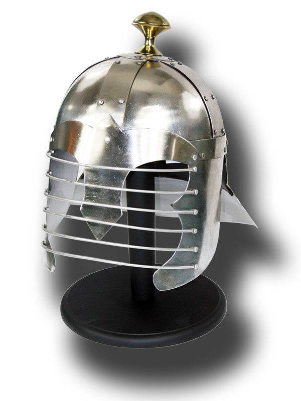 Life-size medieval Persian helmet by Rex Distributor, Inc., showcasing intricate metalwork and authentic historical design.