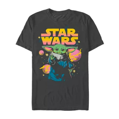 Black t-shirt with 'Star Wars' and Baby Yoda graphic on a white background