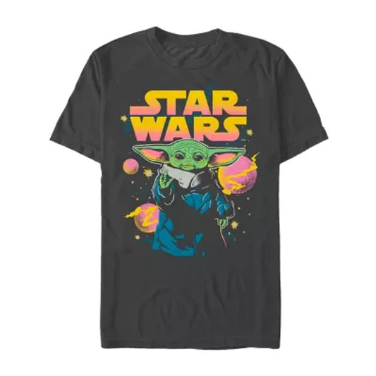 Black t-shirt with 'Star Wars' and Baby Yoda graphic on a white background
