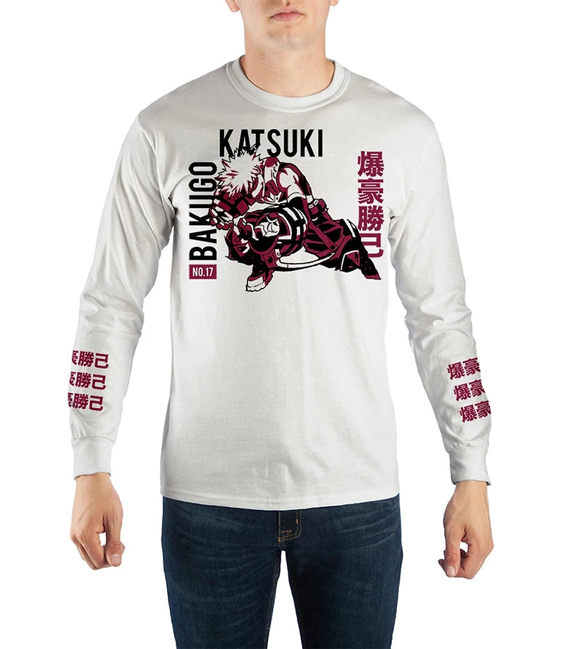 Men's My Hero Academia Katsuki Bakugo long sleeve T-shirt by Bioworld, featuring graphic design of the hero on a casual shirt.