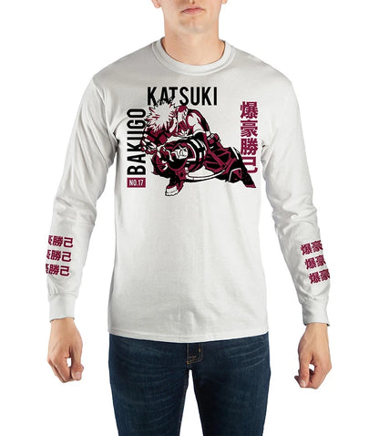Men's My Hero Academia Katsuki Bakugo long sleeve T-shirt by Bioworld, featuring graphic design of the hero on a casual shirt.