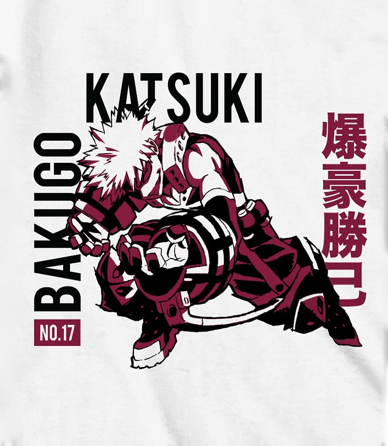 Men's My Hero Academia Katsuki Bakugo long sleeve T-shirt by Bioworld, featuring Bakugo's character artwork and logo on the front.