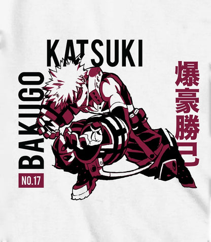 Men's My Hero Academia Katsuki Bakugo long sleeve T-shirt by Bioworld, featuring Bakugo's character artwork and logo on the front.