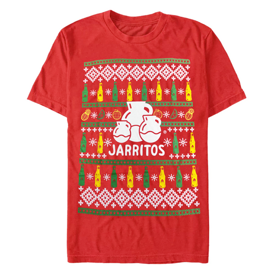Men's red Jarritos Mexico soft drink graphic T-shirt by C-Life Group, featuring colorful Jarritos soda branding on the front.