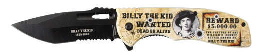 Rex Distributor Billy The Kid Legends of the West 4.5-inch assist-open folding tactical knife with black handle and stainless steel blade.