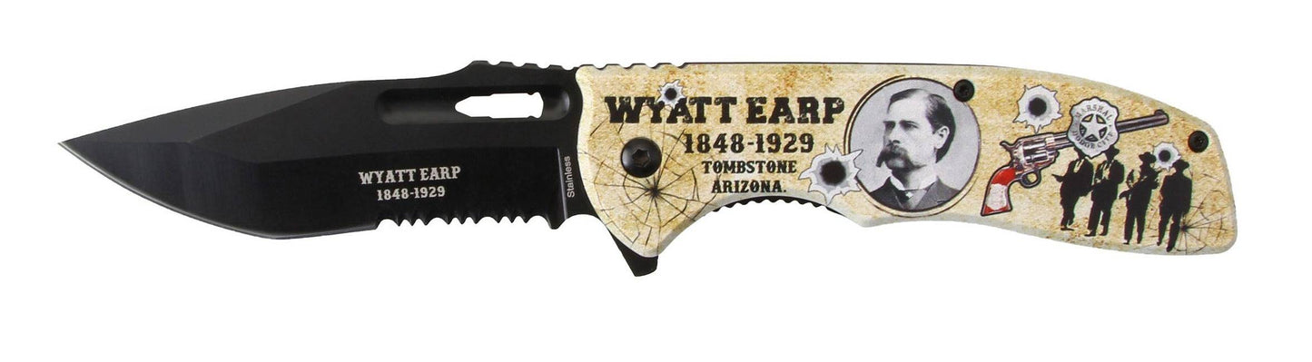 Rex Distributor Wyatt Earp Legends of the West 4.5-inch assist-open folding tactical knife with blade and handle details.
