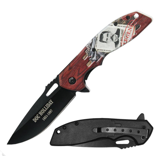 Rex Distributor 4.5-inch spring-assisted Doc Holliday folding tactical knife with belt clip, featuring classic Western design elements.