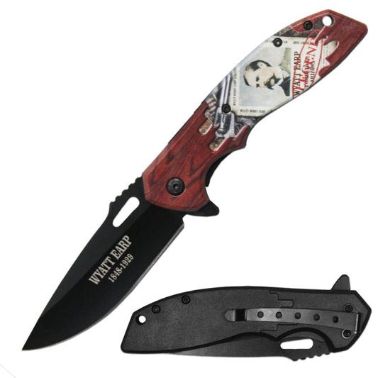 Rex Distributor Wild Wyatt Earp 4.5-inch assist-open folding tactical knife with belt clip and Legends of the West branding.