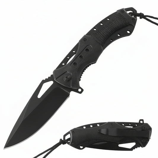 Rex Distributor RT 7022-BK black serrated blade assist-open ABS folding tactical knife with paracord handle, closed position.