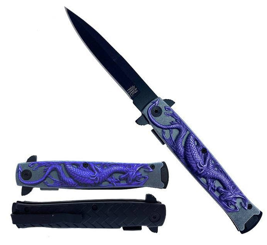Purple embossed dragon Rex Distributor foldable tactical pocket knife with spring-assisted open and 4.5-inch blade.