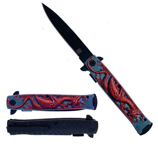 Red embossed Dragon assist-open folding pocket knife from Rex Distributor, Inc., with spring-assisted tactical design and vibrant red finish.