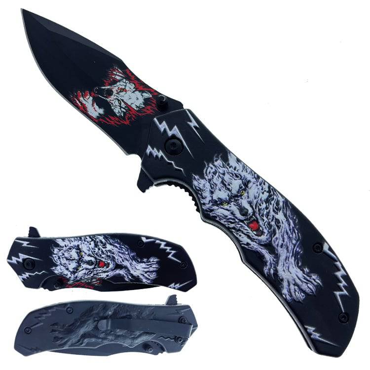 KS 1927-SL 4.5" Silver Wild Wolf 3D Texture Handle Assist-Open Folding Knife