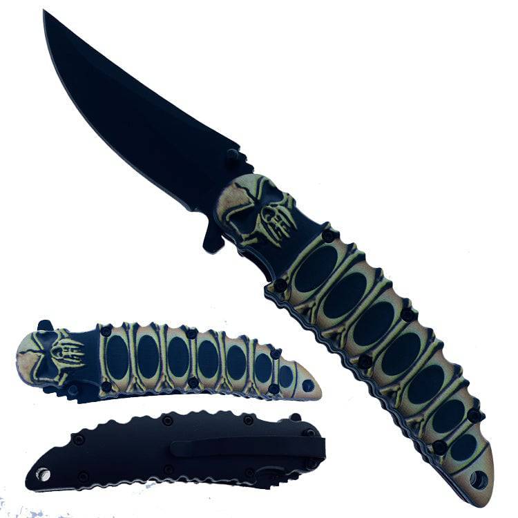KS 1947-BK 4.5" Black Embossed Skeleton Skull Trailing Point Assist-Open Folding Pocket Knife